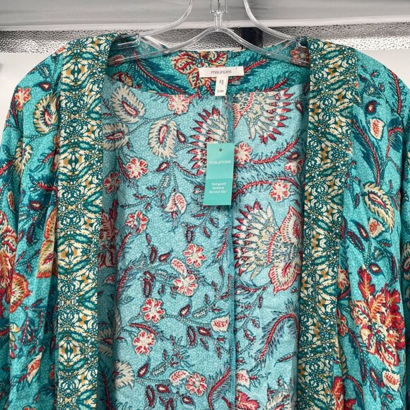 Maurices Floral Open Front Top Batwing Sleeve Turquoise/Multi Size S/M New - Picture 2 of 9
